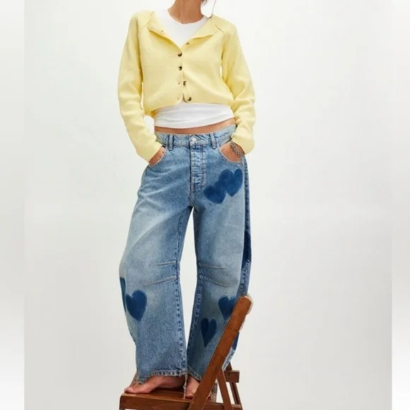 Free People We The Free People Heart Shadow Patch Barrel Good Luck Jeans 27 - Picture 2 of 14